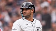 Detroit Tigers designated hitter Riley Greene (31) reacts after strike out against Minnesota Twins during the fifth inning at Comerica Park in Detroit in Monday, August 4, 2025.