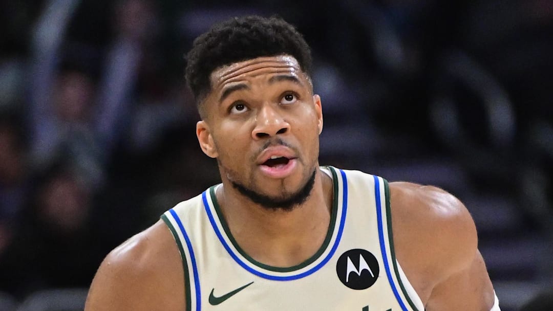 Milwaukee Bucks forward Giannis Antetokounmpo reacts after scoring his 21,000th career point against the Brooklyn Nets at Fiserv Forum on Nov 29, 2025.