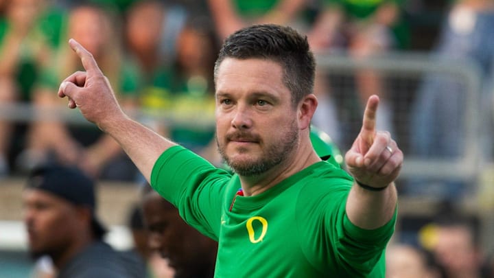 Oregon coach Dan Lanning oversees warmups before the game against Boise State at Autzen in Eugene Sept. 7, 2024