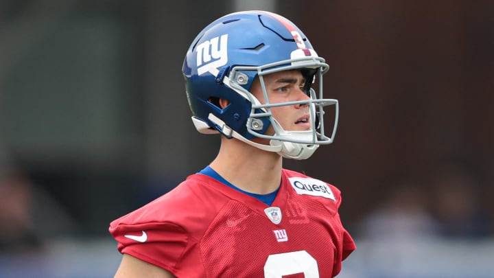 Jul 24, 2024; East Rutherford, NJ, USA; New York Giants quarterback Nathan Rourke (3) looks on during training camp at Quest Diagnostics Training Facility.  