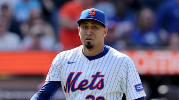 Apr 23, 2025; New York City, New York, USA; New York Mets relief pitcher Edwin Diaz (39) reacts during the ninth inning against the Philadelphia Phillies at Citi Field. Mandatory Credit: Brad Penner-Imagn Images