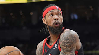 Toronto Raptors forward Brandon Ingram (3) looks to make a play as Charlotte Hornets guard KJ Simpson (25) defends during the first half at Scotiabank Arena.