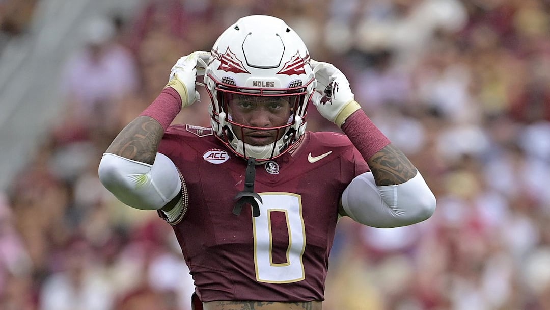 Sep 20, 2025; Tallahassee, Florida, USA; Florida State Seminoles defensive back Earl Little Jr. (0) during the first half of the game against the Kent State Golden Flashes at Doak S. Campbell Stadium. Mandatory Credit: Melina Myers-Imagn Images