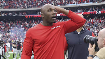 Oct 27, 2024; Houston, Texas, USA; Houston Texans head coach DeMeco Ryans reacts after the game against the Indianapolis Colts at NRG Stadium. Mandatory Credit: Troy Taormina-Imagn Images