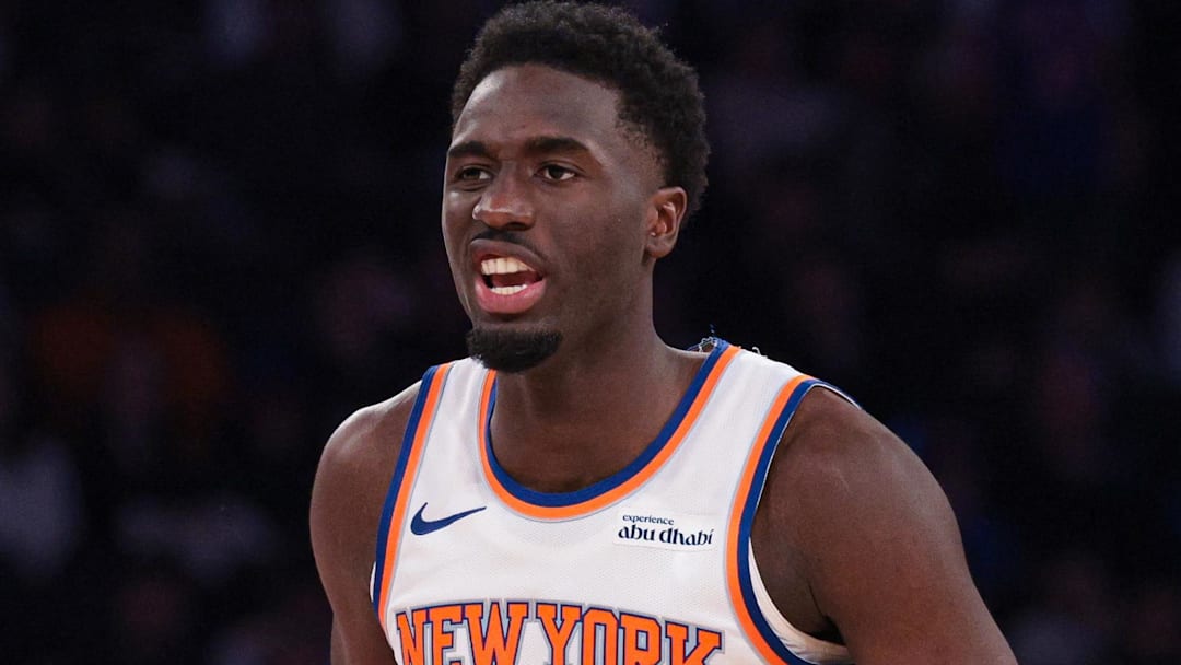 Feb 19, 2026; New York, New York, USA; New York Knicks forward Mohamed Diawara (51) reacts during the first half against the Detroit Pistons at Madison Square Garden. Mandatory Credit: Vincent Carchietta-Imagn Images