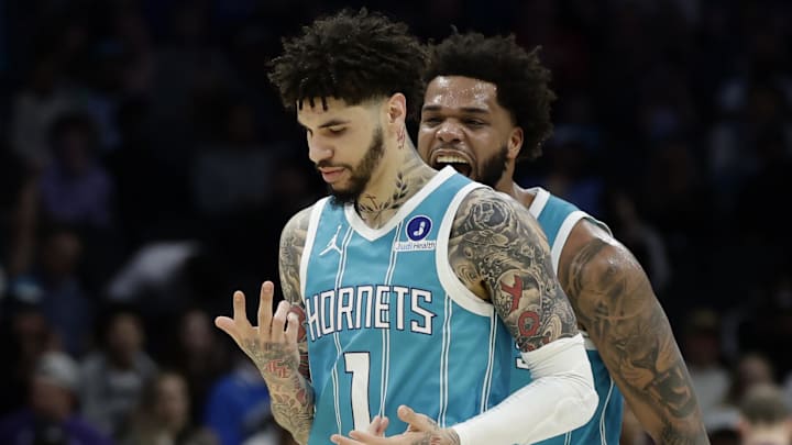 Mar 19, 2026; Charlotte, North Carolina, USA; Charlotte Hornets guard LaMelo Ball (1) celebrates after making a basket during the third quarter against the Orlando Magic at Spectrum Center. Mandatory Credit: Brian Westerholt-Imagn Images