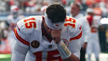 Nov 27, 2025; Arlington, Texas, USA; Kansas City Chiefs quarterback Patrick Mahomes (15) is seen before the game against the Dallas Cowboys at AT&T Stadium. Mandatory Credit: Kevin Jairaj-Imagn Images