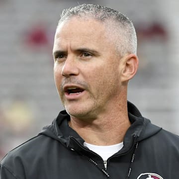 Oct 5, 2024; Tallahassee, Florida, USA; Florida State Seminoles head coach Mike Norvell reacts before the game against the Clemson Tigers at Doak S. Campbell Stadium. Mandatory Credit: Melina Myers-Imagn Images