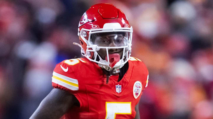 Jan 26, 2025; Kansas City, MO, USA; Kansas City Chiefs wide receiver Hollywood Brown (5) against the Buffalo Bills in the AFC Championship game at GEHA Field at Arrowhead Stadium. Mandatory Credit: Mark J. Rebilas-Imagn Images