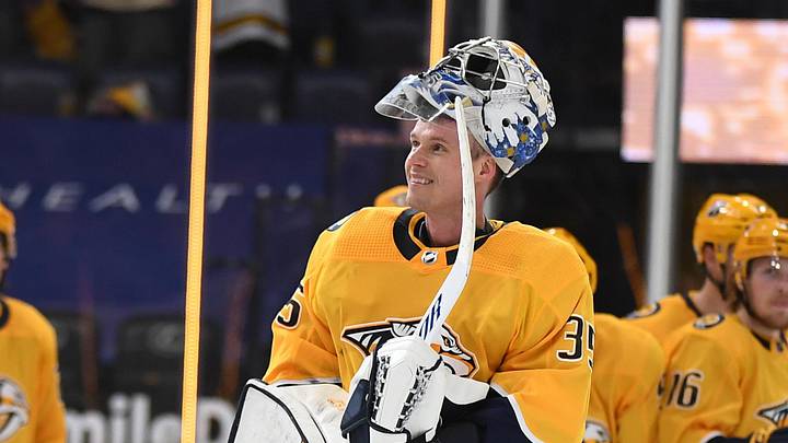 May 10, 2021; Nashville, Tennessee, USA; Nashville Predators goaltender Pekka Rinne (35) celebrates with teammates after a shutout win in what could be his final start as a member of the Nashville Predators at Bridgestone Arena. Mandatory Credit: Christopher Hanewinckel-Imagn Images May 10, 2021; Nashville, Tennessee, USA; Nashville Predators goaltender Pekka Rinne (35) celebrates with teammates after a shutout win in what could be his final start as a member of the Nashville Predators at Bridgestone Arena. Mandatory Credit: Christopher Hanewinckel-Imagn Images