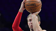 Mar 11, 2020; Philadelphia, Pennsylvania, USA; Detroit Pistons guard Luke Kennard (5) shoots during pregame warmups against the Philadelphia 76ers at Wells Fargo Center. Mandatory Credit: Eric Hartline-Imagn Images