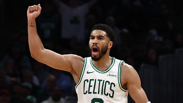 Mar 25, 2026; Boston, Massachusetts, USA; Boston Celtics forward Jayson Tatum (0) reacts to being called for an offensive foul during the second quarter against the Oklahoma City Thunder at TD Garden. Mandatory Credit: Winslow Townson-Imagn Images
