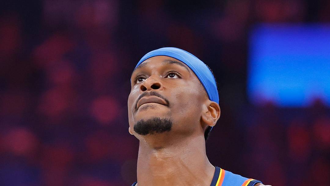 May 18, 2026; Oklahoma City, Oklahoma, USA; Oklahoma City Thunder guard Shai Gilgeous-Alexander (2) looks on during the first half against the San Antonio Spurs during game one of the western conference finals for the 2026 NBA playoffs at Paycom Center. Mandatory Credit: Alonzo Adams-Imagn Images
