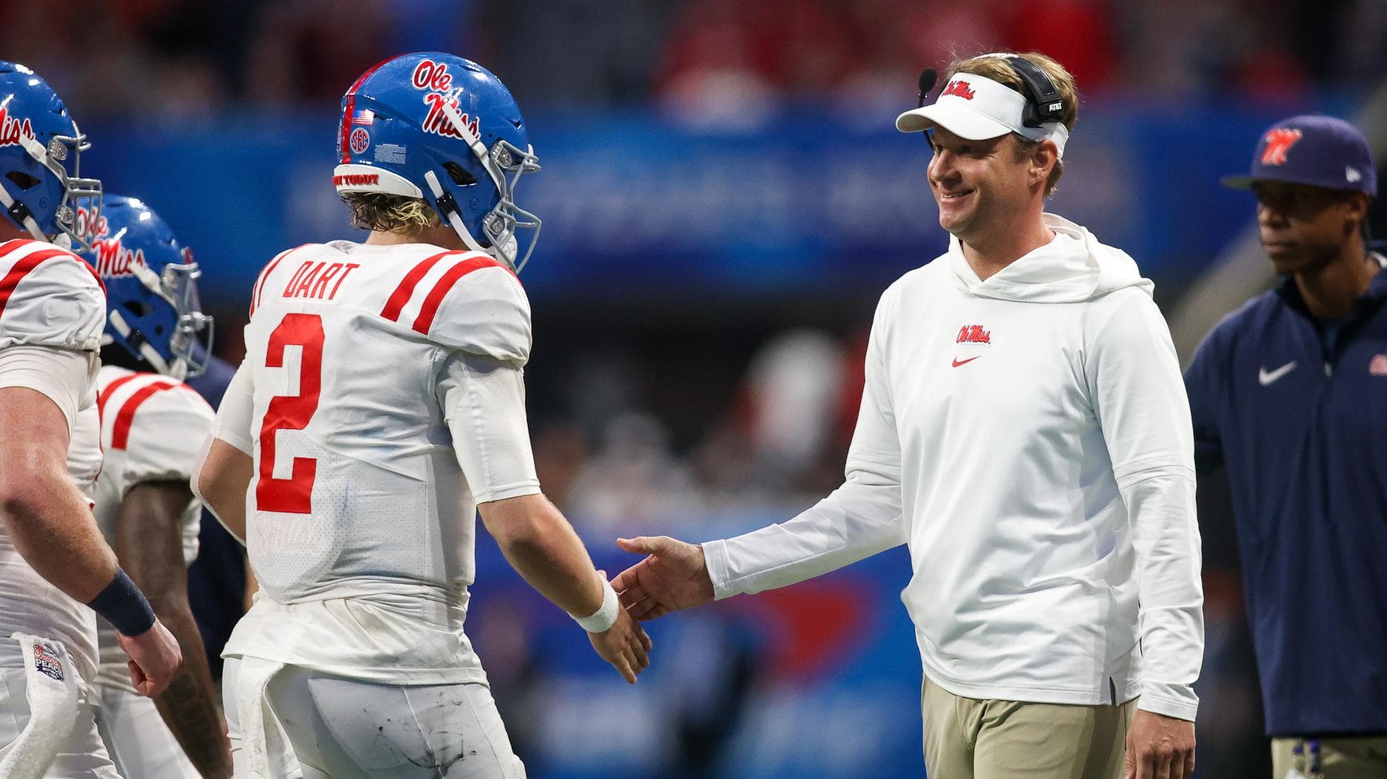 Dec 30, 2023; Atlanta, GA, USA; Mississippi Rebels head coach Lane Kiffin celebrates with