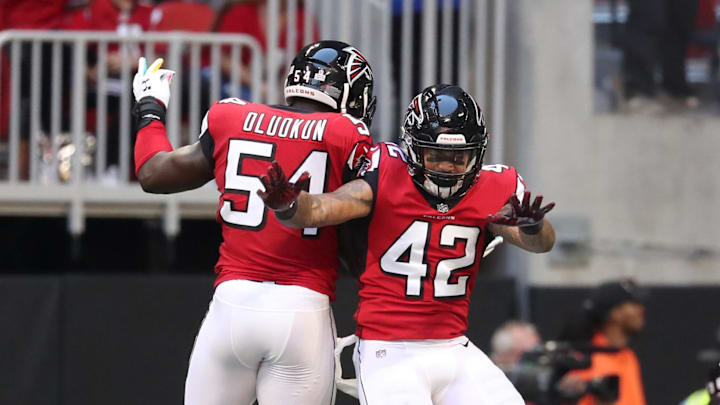 Former Atlanta Falcons linebacker Duke Riley (42) spent three seasons in Atlanta playing for Dan Quinn.