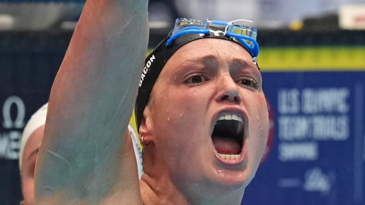 Phoebe Bacon celebrates after in the 200-meter backstroke final, Friday, June 21, 2024, during the seventh day of the U.S. Olympic Team Swimming Trials at Lucas Oil Stadium in Indianapolis.