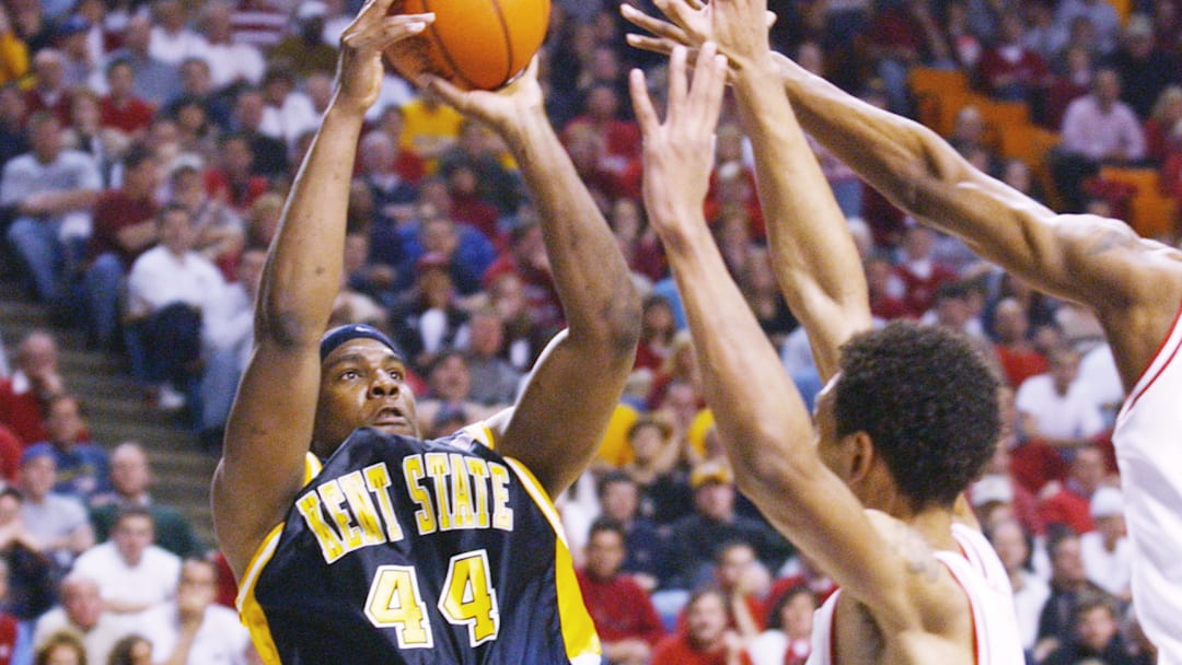 Antonio Gates #44 of Kent State shoots over the defense of Jared Jeffries #1 of Indiana during the South Region of the NCAA Men's Basketball Championship at the Rupp Arena in Lexington, Kentucky. Indiana defeated Kent State 81-69.