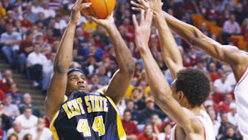 Antonio Gates #44 of Kent State shoots over the defense of Jared Jeffries #1 of Indiana during the South Region of the NCAA Men's Basketball Championship at the Rupp Arena in Lexington, Kentucky. Indiana defeated Kent State 81-69.