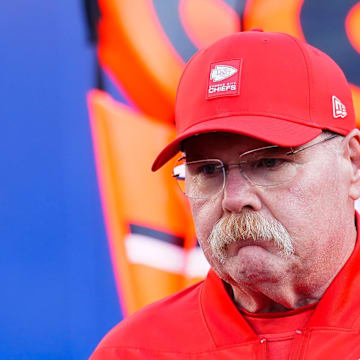 Nov 2, 2025; Orchard Park, New York, USA; Kansas City Chiefs head coach Andy Reid enters the field before the game against the Buffalo Bills at Highmark Stadium. Mandatory Credit: Gregory Fisher-Imagn Images