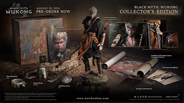 A figure of Wukong in front of a copy of the game, a couple of scrolls and trinkets.