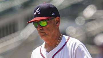 Aug 8, 2024; Cumberland, Georgia, USA; Atlanta Braves manager Brian Snitker (43) walks on the field to change pitchers against the Milwaukee Brewers during the seventh inning at Truist Park. Mandatory Credit: Dale Zanine-Imagn Images