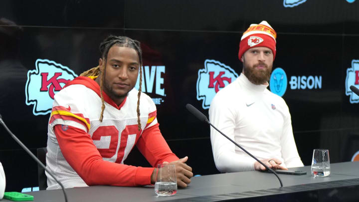 Nov 3, 2023; Frankfurt, Germany; From left: Kansas City Chiefs defensive tackle Chris Jones, safety Justin Reid (20), place kicker Harrison Butker and tight end Travis Kelce (87) during press conference at DFB Campus. Mandatory Credit: Kirby Lee-USA TODAY Sports