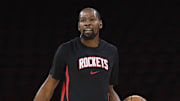 Oct 8, 2025; Houston, Texas, USA; Houston Rockets forward Kevin Durant (7) warms up before the game against the Utah Jazz at Toyota Center. Mandatory Credit: Troy Taormina-Imagn Images