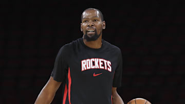 Oct 8, 2025; Houston, Texas, USA; Houston Rockets forward Kevin Durant (7) warms up before the game against the Utah Jazz at Toyota Center. Mandatory Credit: Troy Taormina-Imagn Images
