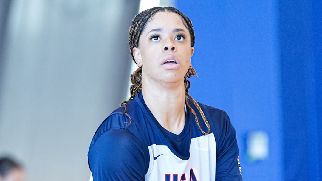 Apr 8, 2026; Portland, OR, USA; Saniyah Hall shoots during a Team USA practice at the 2026 Nike Hoop Summit Apr 8, 2026; Portland, OR, USA; Saniyah Hall shoots during a Team USA practice at the 2026 Nike Hoop Summit