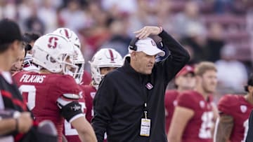 Sep 23, 2023; Stanford, California, USA; Stanford Cardinal head coach Troy Taylor reacts during the