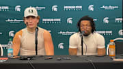 Michigan State Spartans quarterback Alessio Milivojevic, left, and wide receiver Alante Brown, right, listen to a question during a press conference after a 38-28 win over the Maryland Terrapins on Saturday, Nov. 29, 2025, at Ford Field.
