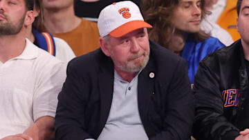 May 19, 2024; New York, New York, USA; New York Knicks executive chairman James Dolan sits court side during the first quarter of game seven of the second round of the 2024 NBA playoffs against the Indiana Pacers at Madison Square Garden. Mandatory Credit: Brad Penner-Imagn Images