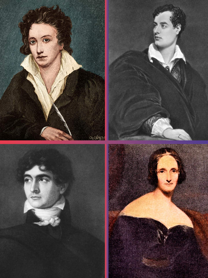 A collage of Percy Bysshe Shelley, Lord Byron, Mary Wollstonecraft Godwin (a.k.a. Mary Shelley), and John Polidori