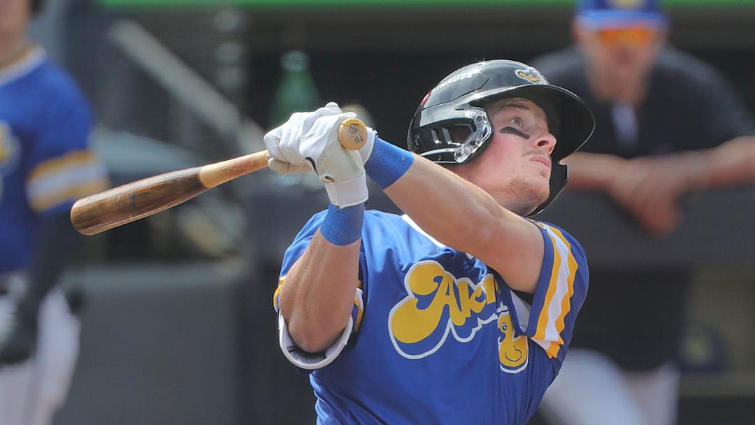RubberDucks’ Travis Bazzana watches his long fly ball against the Altoona Curve on April 13, 2025, in Akron, Ohio.