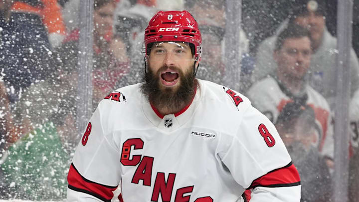 Mar 15, 2025; Philadelphia, Pennsylvania, USA; Carolina Hurricanes defenseman Brent Burns (8) reacts against the Philadelphia Flyers in the second period at Wells Fargo Center. Mandatory Credit: Kyle Ross-Imagn Images