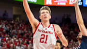 Nebraska forward Pryce Sandfort makes a shot against Creighton.