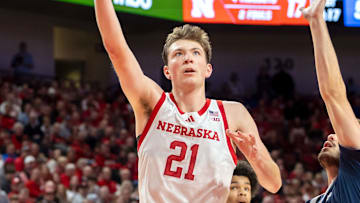 Nebraska forward Pryce Sandfort makes a shot against Creighton.