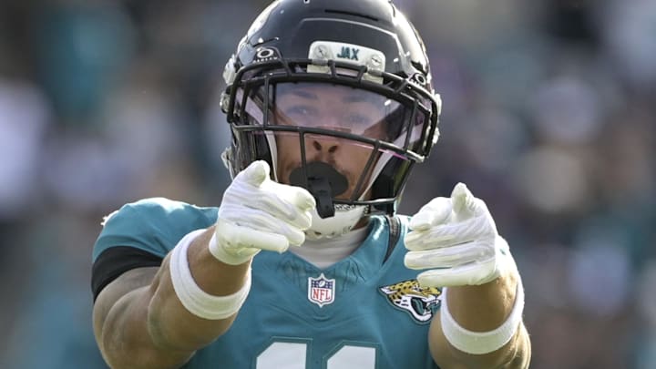 Jan 11, 2026; Jacksonville, FL, USA; Jacksonville Jaguars wide receiver Parker Washington (11) reacts during the second half against the Buffalo Bills in an AFC Wild Card Round game at EverBank Stadium. 