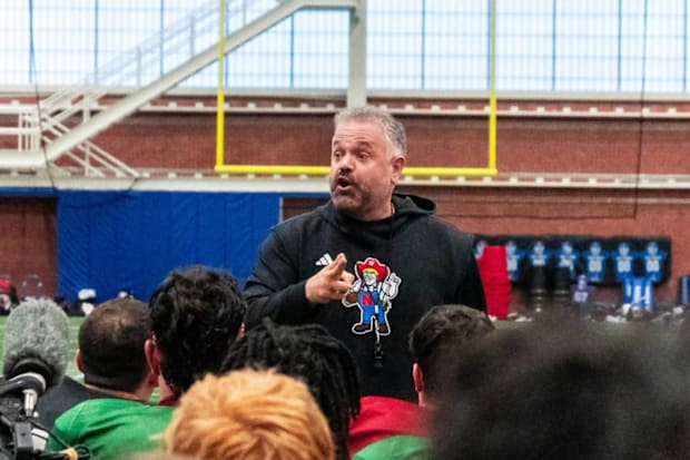 Nebraska head coach Matt Rhule addresses the team during the Huskers' practice Monday after their flight to New York for the 
