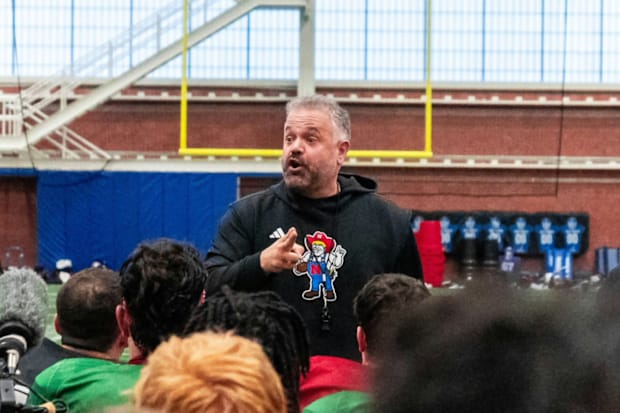 Nebraska head coach Matt Rhule addresses the team during the Huskers' practice Monday after their flight to New York for the 