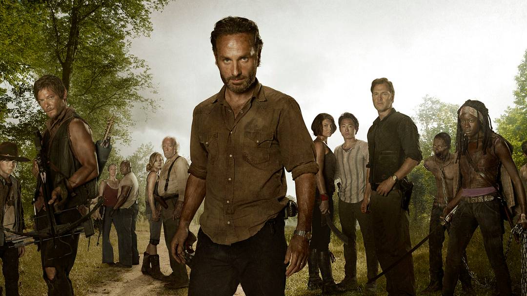 (L to R) Daryl Dixon (Norman Reedus); Carol (Melissa Suzanne McBride); T-Dog (Robert 'IronE' Singleton); Beth Greene (Emily Kinney); Hershel Greene (Scott Wilson); Rick Grimes (Andrew Lincoln); Maggie Greene (Lauren Cohan); Glenn (Steven Yeun); The Governor (David Morrissey) and Michonne (Danai Gurira) in The Walking Dead Season 3