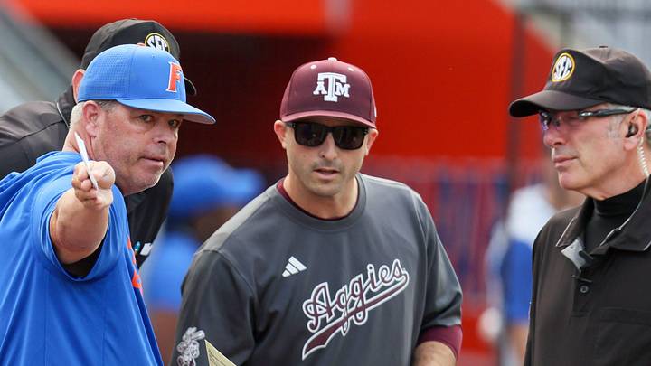 Florida head coach Kevin O'Sullivan talks with Texas A&M head coach Michael Earley before an NCAA baseball game at Condron Family Ballpark at Alfred A. McKethan Field in Gainesville, FL on Friday, April 24, 2026. [Alan Youngblood/Gainesville Sun]