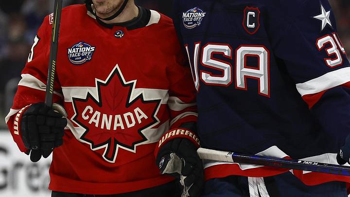 Feb 20, 2025; Boston, MA, USA; [Imagn Images direct customers only]  The Team Canada logo and the United States logo are seen during the 4 Nations Face-Off ice hockey championship game at TD Garden. Mandatory Credit: Winslow Townson-Imagn Images