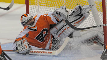 January 8, 2011; Philadelphia, PA USA;  Philadelphia Flyers goalie Brian Boucher (33) makes a save during the second period of game against the New Jersey Devils at the Wells Fargo Center in Philadelphia. Mandatory Credit: Eric Hartline-Imagn Images