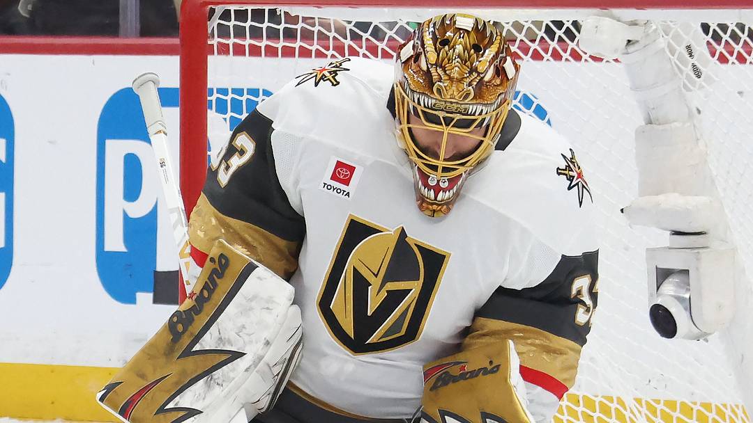 Mar 1, 2026; Pittsburgh, Pennsylvania, USA;  Vegas Golden Knights goaltender Adin Hill (33) makes a saver against the Pittsburgh Penguins during the first period at PPG Paints Arena. Mandatory Credit: Charles LeClaire-Imagn Images
