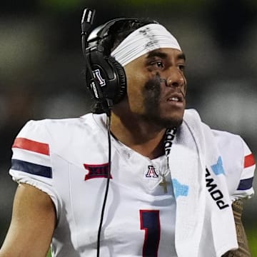 Nov 1, 2025; Boulder, Colorado, USA; Arizona Wildcats quarterback Noah Fifita (1) reacts after a Colorado Buffaloes turnover in the second half at Folsom Field. Mandatory Credit: Ron Chenoy-Imagn Images