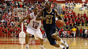 Dec 31, 2008; Piscataway, NJ, USA;  Pittsburgh Panthers forward Sam Young (23) drives to the basket during first half action against Rutgers Scarlet Knights forward JR Inman (15) at the Louis Brown Athletic Center. Mandatory Credit: Jim O'Connor-Imagn Images