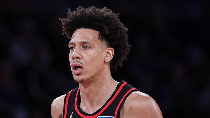 Atlanta Hawks forward Jalen Johnson (1) reacts against the New York Knicks at Madison Square Garden on April 18, 2026.