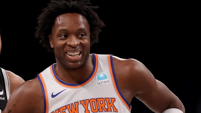 Jan 23, 2024; Brooklyn, New York, USA; Brooklyn Nets forward Mikal Bridges (1) and New York Knicks