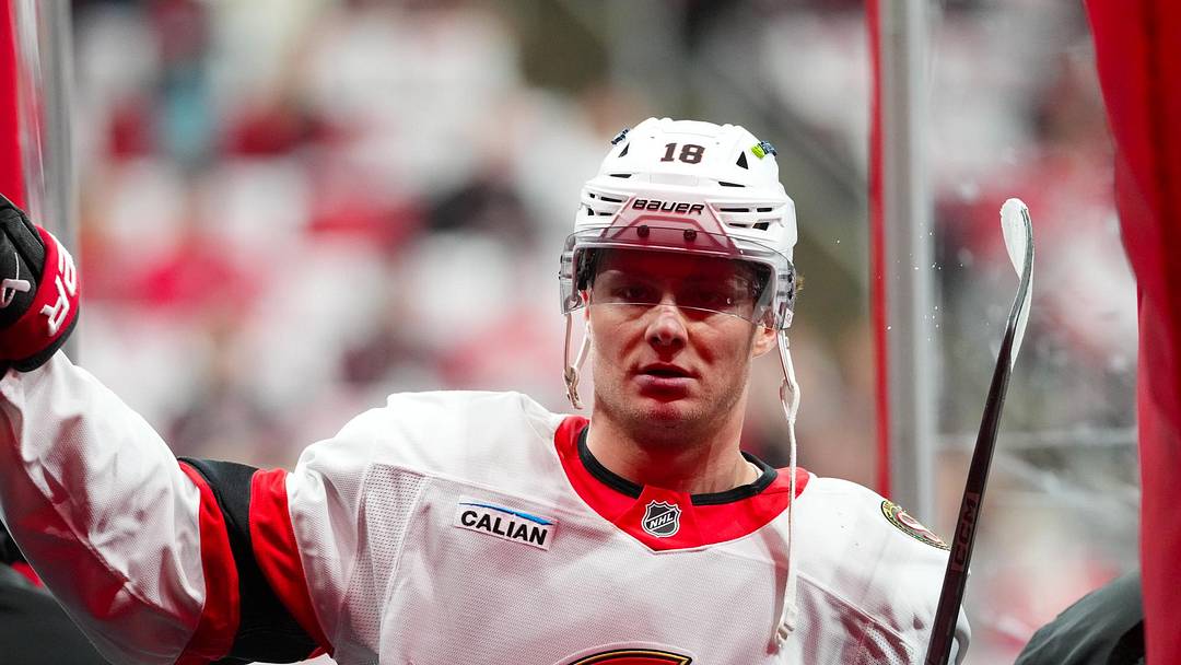 Apr 20, 2026; Raleigh, North Carolina, USA; Ottawa Senators center Tim Stützle (18) comes off the ice after the warmups before the game against the Carolina Hurricanes in game two of the first round of the 2026 Stanley Cup Playoffs at Lenovo Center. Mandatory Credit: James Guillory-Imagn Images